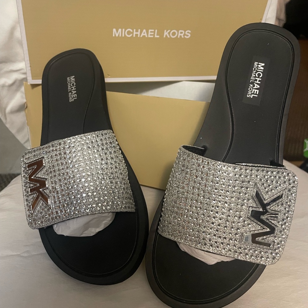 MICHAEL Michael Kors Glittering Silver Slide Sandals